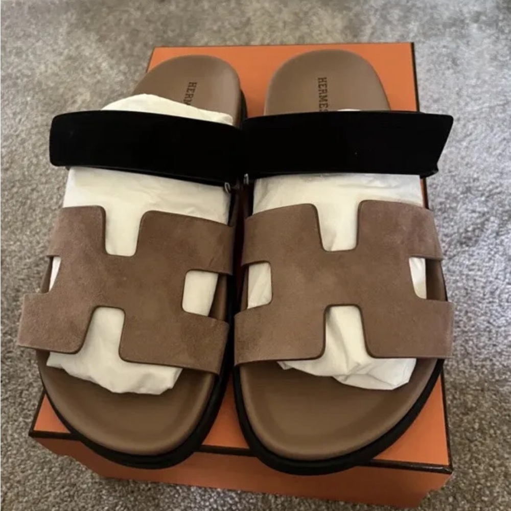Hermes Chipre Sandals - Beige and Black Suede Size 41